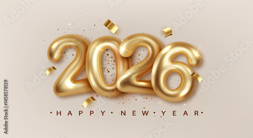 2026 New Year gold metal numbers on festive background. Elegant 3D vector greeting card design for Merry Christmas and Happy New Year celebration.
