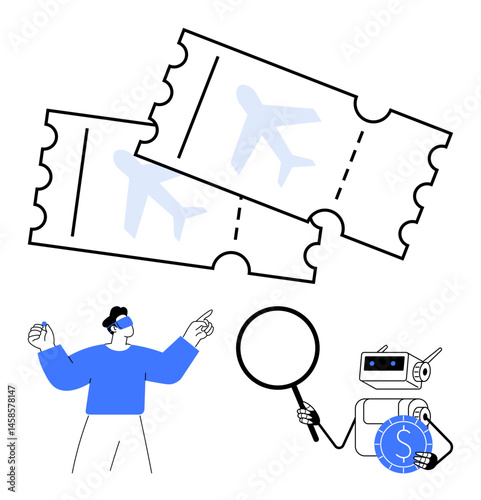 Flight tickets, robot holding magnifying glass and coin, person wearing VR headset. Ideal for travel, AI innovation, ticket booking, cost analysis, future tech, virtual tourism flat simple metaphor