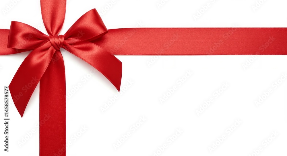 Elegant Red Ribbon Bow and Band Against Pristine White Backdrop, Festive Decoration Elegant Red Ribbon Bow and Band Against Pristine White Backdrop, Festive Decoration
