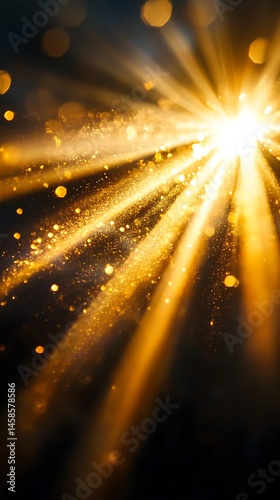 Golden light burst flare with sun ray effects on dark