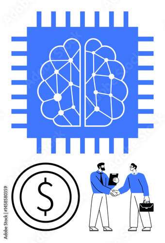 Abstract AI brain on microchip above dollar symbol and businessmen shaking hands. Ideal for tech, finance, innovation, business, partnership, AI integration, simple landing page