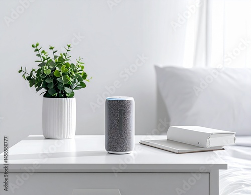 A smart home speaker, greenery, and book sit on a white bedside table, minimalist composition. Bright, airy interior design