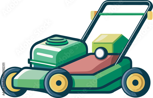 A vibrant, detailed mower vector art illustration featuring a modern lawnmower in action, perfect for landscaping, gardening