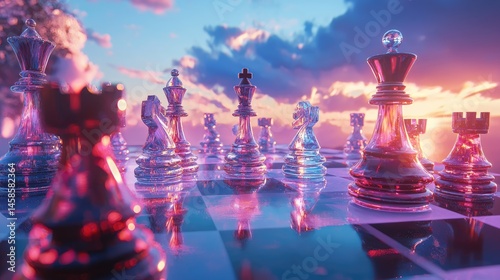 A  colorful chess  set against a dramatic sunset.