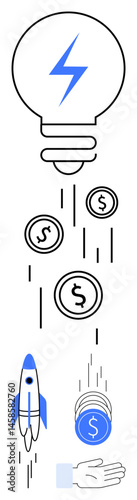 Light bulb above falling coins, rocket launch, and open hand symbolizing innovation, investment, growth, funding. Ideal for business, startup, innovation finance economy entrepreneurship simple