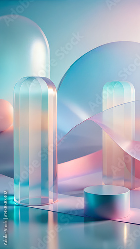 Frosted glass effect with abstract shapes in pastel colors  