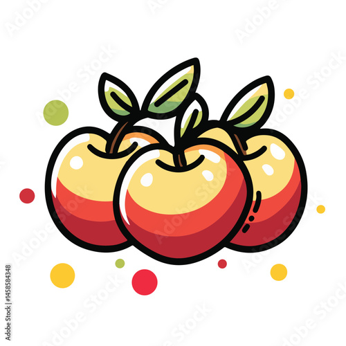 Three Stylized Apples Illustration With Leaves And Colorful Dots Around Fruit