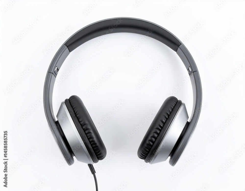 Fototapeta premium Headphone's grey and black sleek design, laying flat on a stark white surface, ready to listen