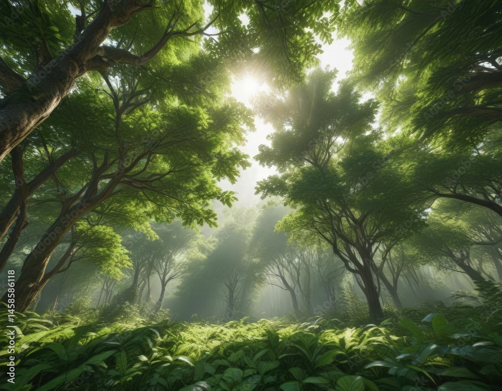 Fototapeta premium Lush green forest canopy, sunlight dappling leaves, spring, outdoor, background