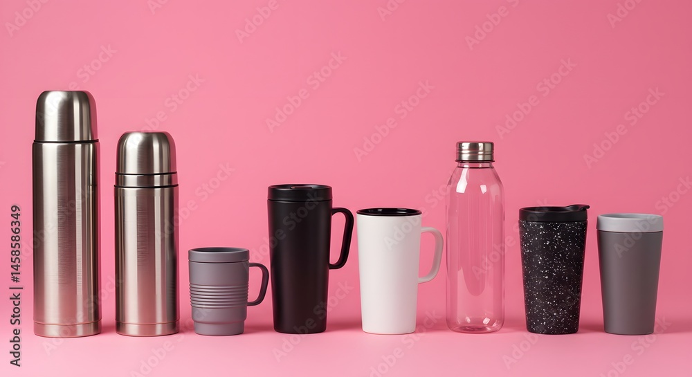 Fototapeta premium AI image displays a diverse collection of reusable travel mugs, tumblers, and thermoses neatly arranged in row against bright pink background