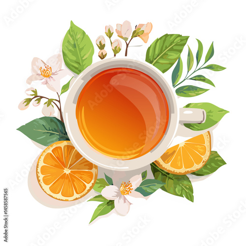 Tea Vector Illustration – Hand Drawn Teacup, Leaves, and Teapot in Minimal and Vintage Style