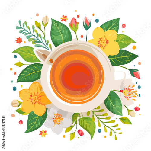 Tea Vector Illustration – Hand Drawn Teacup, Leaves, and Teapot in Minimal and Vintage Style