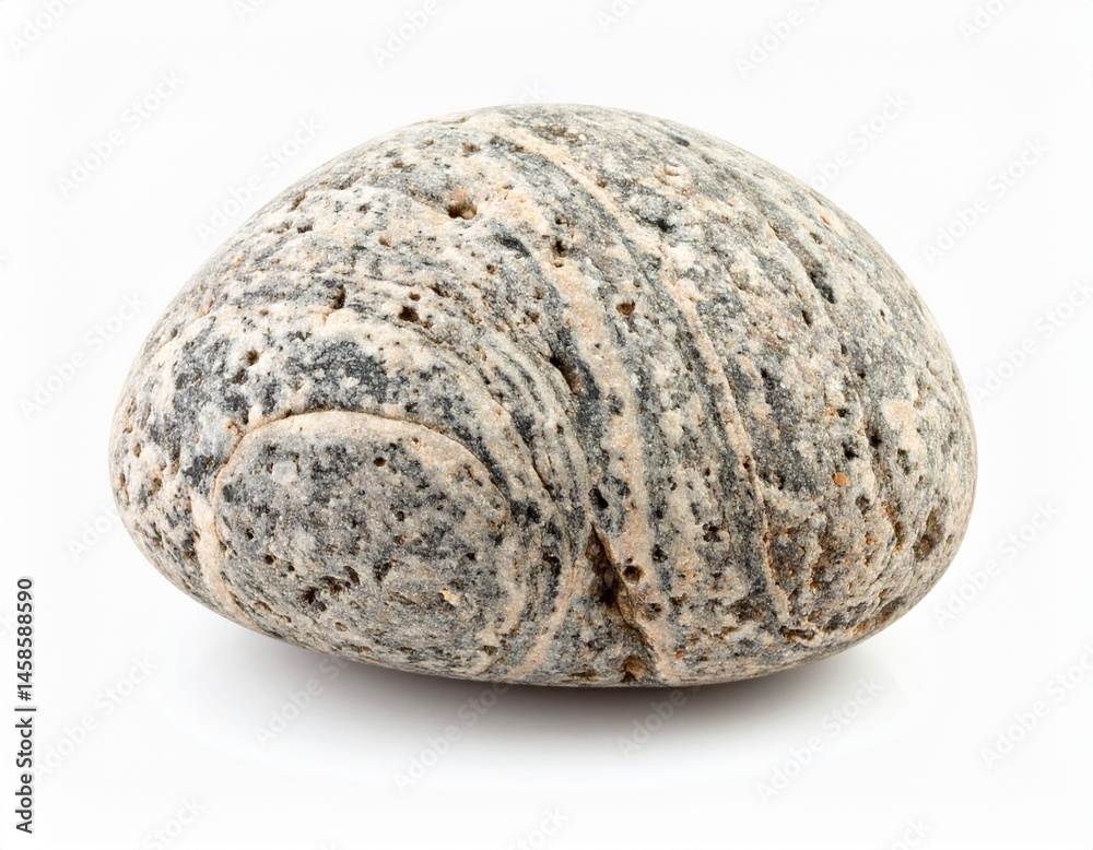Round, smooth stone with layered patterns in gray, white, and black Round, smooth stone with layered patterns in gray, white, and black