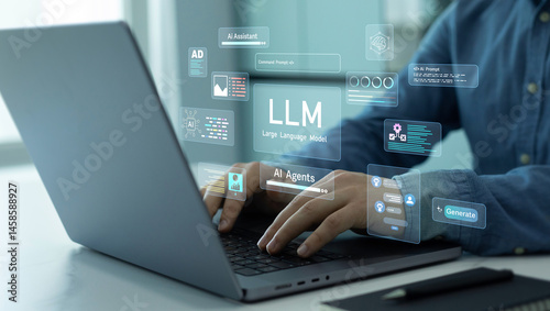 Large language model(LLM) with AI technology.User working on laptop in LLM,Data performrange language tasks,answering questions, summarizing information, translating languages, writing code.