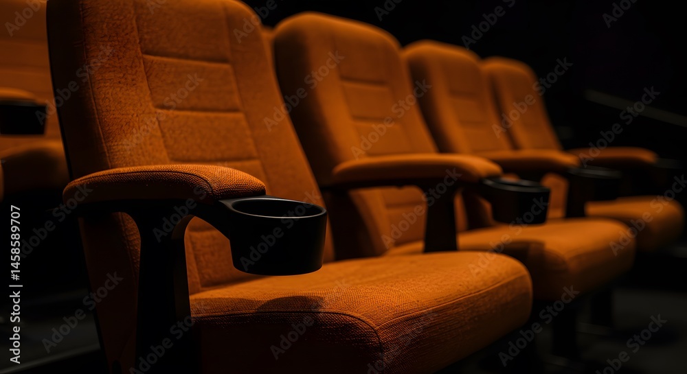 Fototapeta premium AI image shows a close-up view of empty, plush orange cinema seats arranged in a row within a dark movie theater