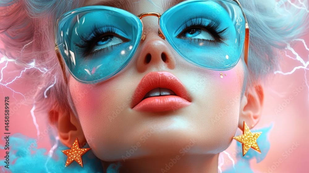 Fototapeta premium Vibrant pop art figure with cerulean makeup and metallic star earrings surrounded by a neon burst of hues and patterns in a futuristic style.