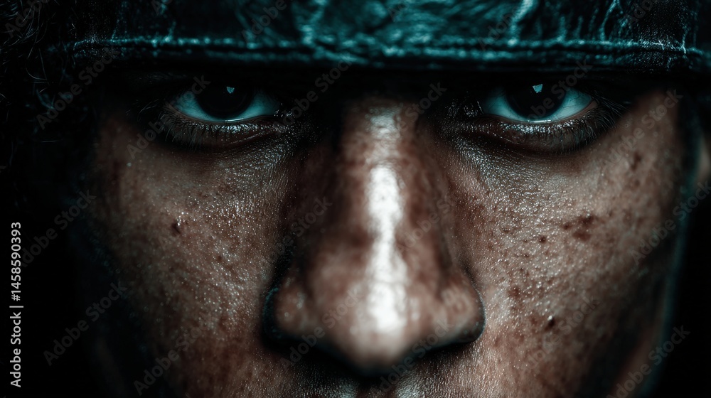 Obraz premium Intense close-up portrait of a rugged man with a fierce expression showcasing textured skin highlighting confidence and resilience against a moody dark background