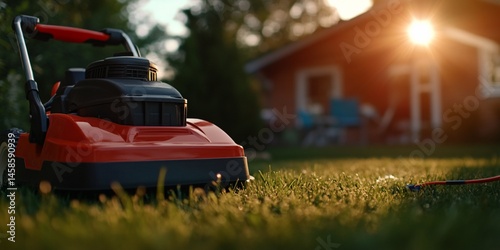 Wallpaper Mural Lawn mower stands poised in yard at sunset ready for landscape maintenance Torontodigital.ca
