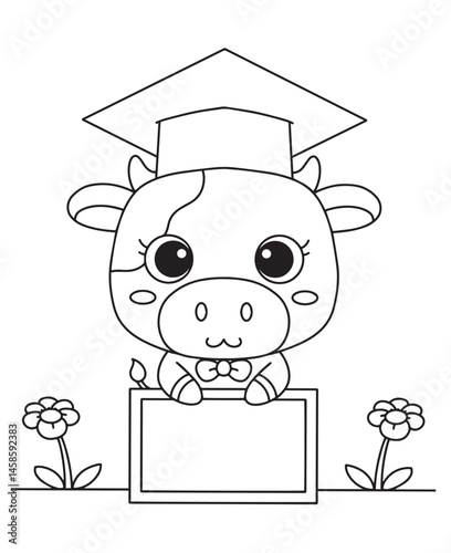 Coloring book cow wearing a graduation cap behind a blank sign among flower