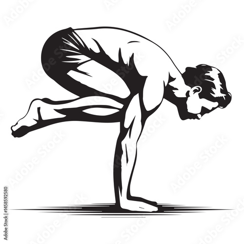 Man performing yoga pose in black and white vector  illustration