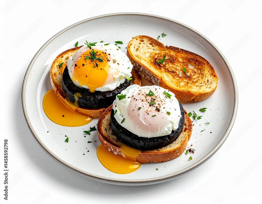 Two toasts with black pudding and eggs and a bread slice on a white plate Two toasts with black pudding and eggs and a bread slice on a white plate