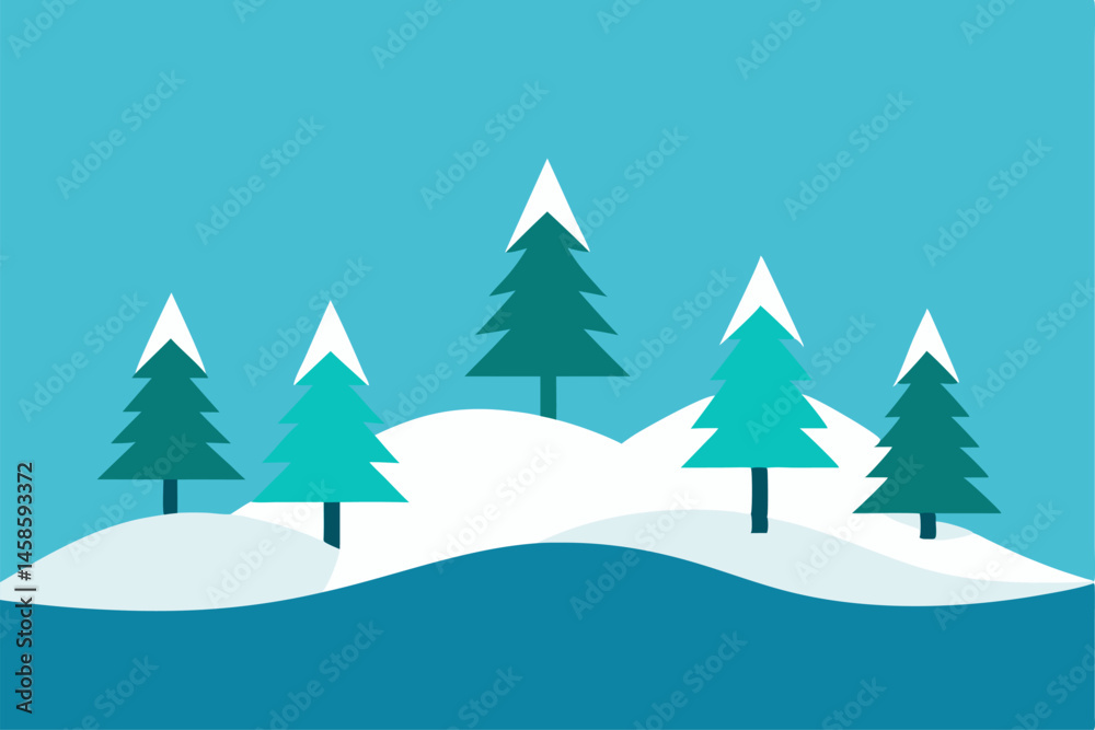 Fototapeta premium Winter Wonderland: A minimalist illustration captures the serene beauty of a winter landscape, showcasing snow-capped trees and soft hills. The cool color palette enhances the tranquil ambiance.