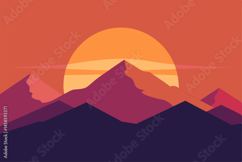 Mountains at Sunset: a minimalist illustration of the sun setting behind a range of majestic mountains, the scene is filled with warmth and tranquility. 