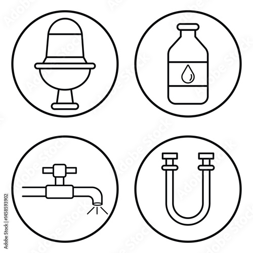 Plumbing icon set for toilet, valve pipe, fitting sealant liquid, drainage connector, water supply, repair, maintenance vector illustration.
