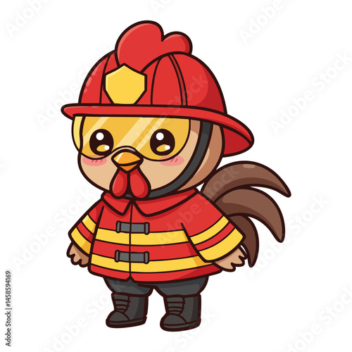 cute icon character rooster dressed as a firefighter.