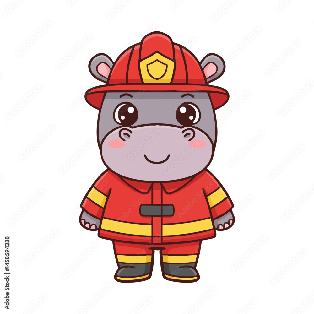 Fototapeta premium cute icon character hippo dressed as a firefighter.