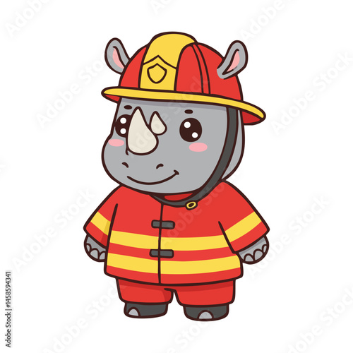 cute icon character rhino dressed as a firefighter.