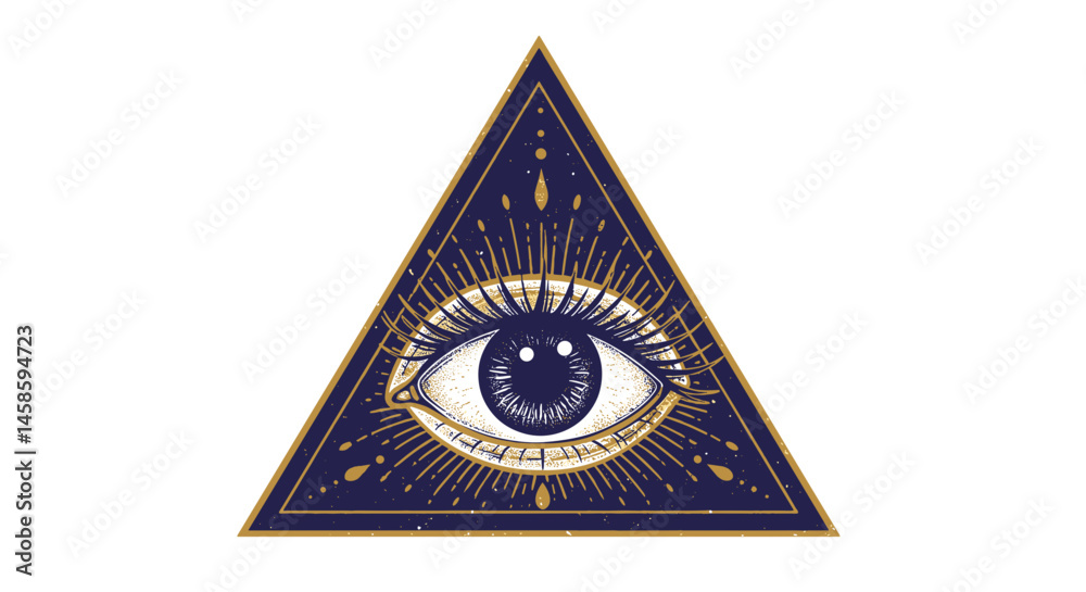 Obraz premium Blackwork tattoo icon. Illuminated eye within a golden triangle design