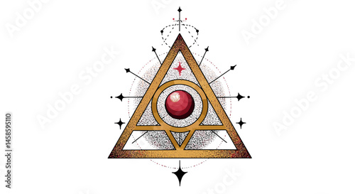 Blackwork tattoo icon. Geometric triangle symbol with circular red center