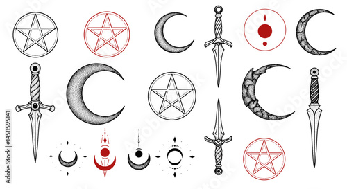 Dotwork vector set, mystic vector flash. Witchcraft symbols in black and red on white background