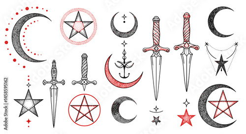 Dotwork vector set. Tattoo design with stars, moons, and daggers in black and red