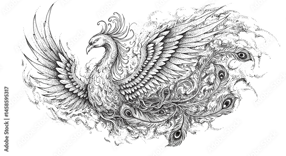 Obraz premium Blackwork tattoo icon. Intricate phoenix illustration in black and white