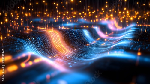 Dynamic abstract digital design with glowing lines and particles.