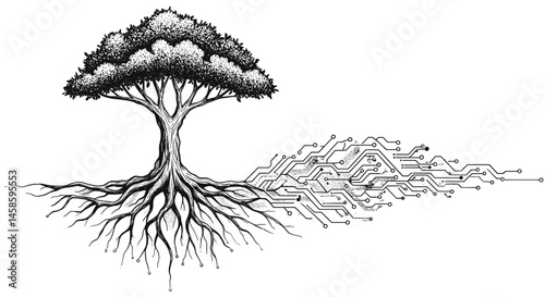 Blackwork tattoo icon. Tree with roots and circuit design in black and white