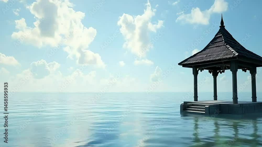 Wooden gazebo over calm waters under bright blue sky Wooden gazebo over calm waters under bright blue sky