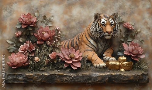 Tiger Statue with Lotus Flowers