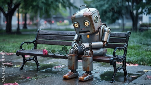 Lonely Robot on Park Bench in Rain with Rose, Reflective Puddle