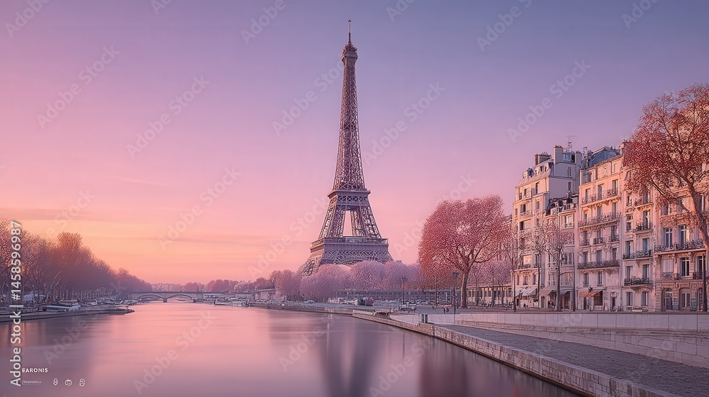 Obraz premium Tranquil river flowing with a majestic tower in the background surrounded by lush greenery and natural beauty