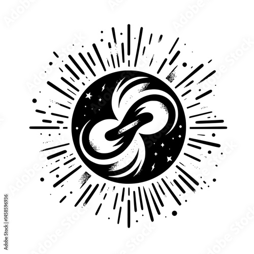 Abstract Cosmic Energy Illustration - Black & White Design