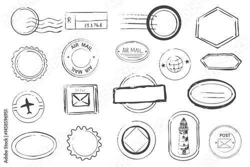 Post stamp air mail postage rubber vintage frame, seal. Line retro textured blank postmark border template. Grunge circle airmail print, design element.