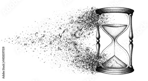 Blackwork tattoo icon. Hourglass with flowing sand and swirling particles