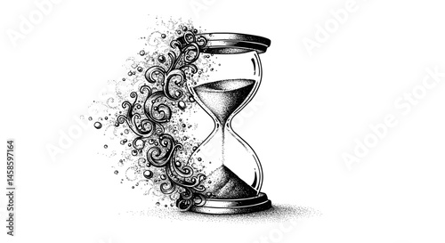 Blackwork tattoo icon. Artistic hourglass with swirling sand and decorative elements