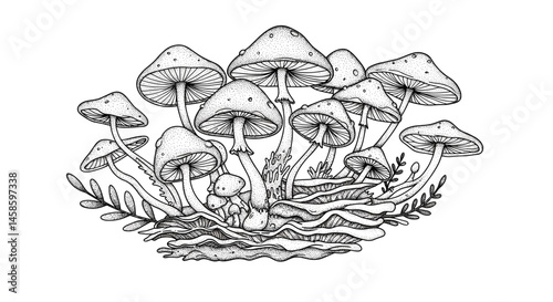 Blackwork tattoo icon. Mushrooms growing with leaves in a detailed black-and-white illustration