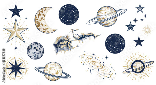 Dotwork graphic pack. Celestial bodies and stars in vintage cosmic illustration