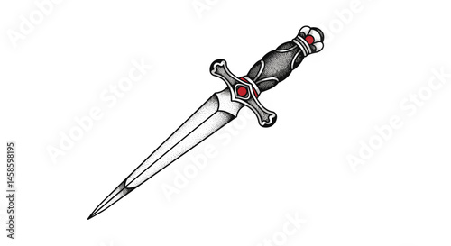 Dotwork graphic pack. Decorative dagger with ornate handle on white background