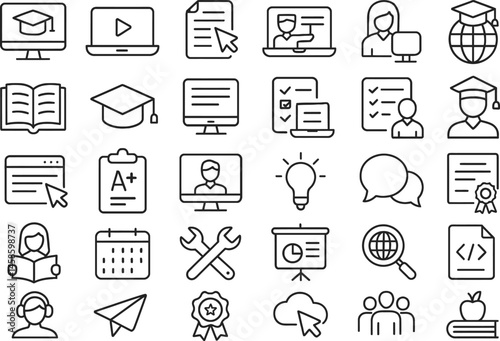 Educational Icons: A comprehensive collection of intricately designed icons symbolizing a multitude of educational and learning concepts. Each icon is a visual representation.